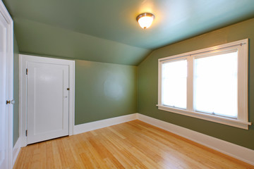 Attic room with green wals and birch hardwood floor.