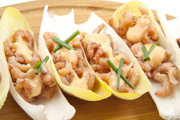 Chicory leaf with shrimp