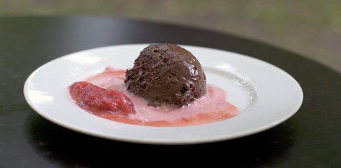 Dark chocolate mousse with strawberry cream