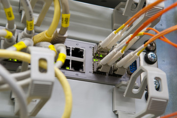 ethernet switch with labeled cables and optical fiber channel