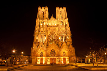 Famous Notre-Dame de Reims at night, France