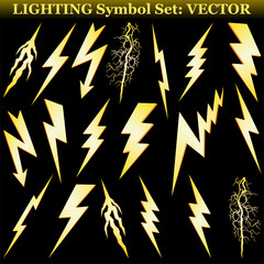 Gold lightning set isolated on black. Vector