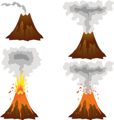Different stages of volcano icon set on white - obrazy, fototapety, plakaty