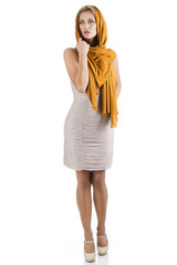 blond girl in elegant dress, she looks at right