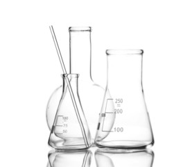 Three empty laboratory glassware with reflection isolated