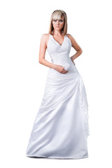 Fototapeta na wymiar confident blond bride wearing wedding dress isolated on white