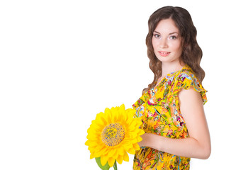 pretty smiley girl with sunflower isolated on white