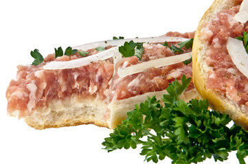 Bitten off halved roll with minced pork