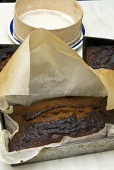 Baked gingerbread with fissured brown crust