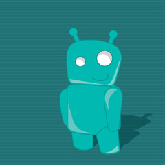 Smiling friendly green robot toy with shadow