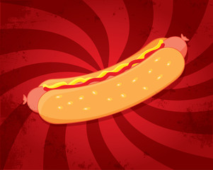 Hot dog with mustard and ketchup on dynamic red background