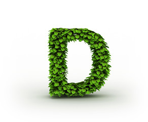 Letter D, alphabet of green leaves isolated on white background