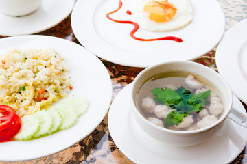 Breakfast - fried rice,soup,toast,egg