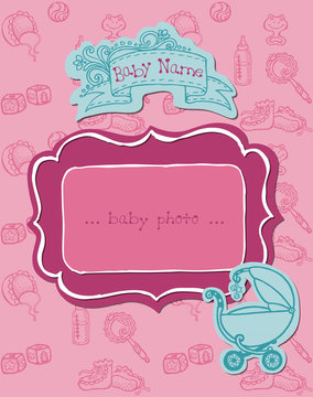 Baby Girl Arrival Card with Photo Frame in vector