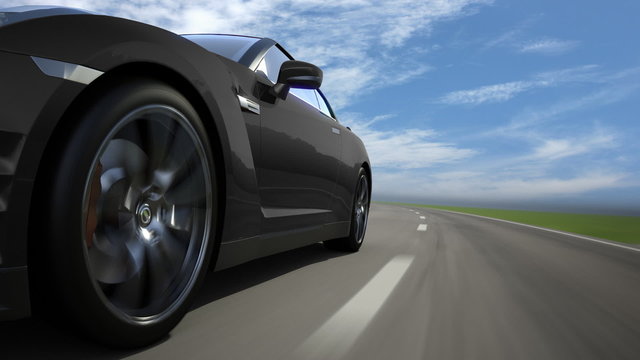 Black sport car moving on the road, loop-ready