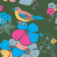 Flower Seamless Background With a Bird