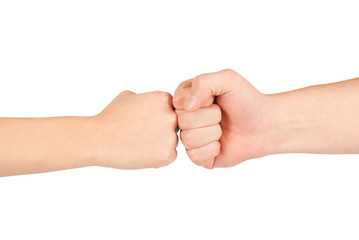 Two hands: man and woman, isolated on white