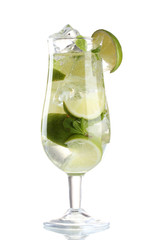 glass of cocktail with lime and mint isolated on white