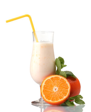 Bunch of bananas and milk cocktail isolated on white