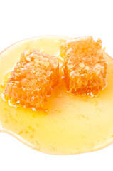 Pieces of honeycomb and fresh honey isolated over white