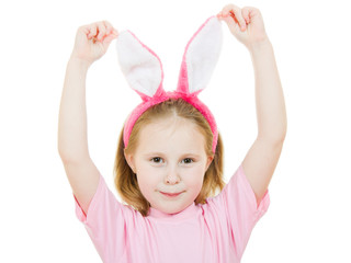 The little girl with pink ears bunny on white background.