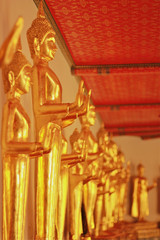 Aligned standing golden buddhas at Wat Pho Bangkok