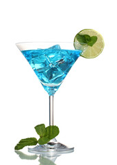 Blue cocktail in martini glasses with ice isolated on white