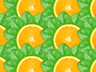 Crédence de cuisine en verre imprimé Tranches de fruits Fond de tranches d& 39 orange et de feuille verte