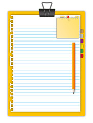 New paper page and sticky pad with pencil  on color board.