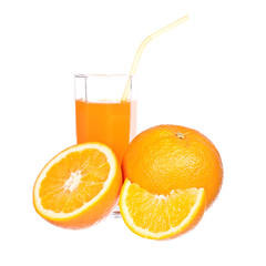 Orange juice and slices of orange isolated on white