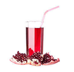 Glass of juice and ripe piece grenade on white background
