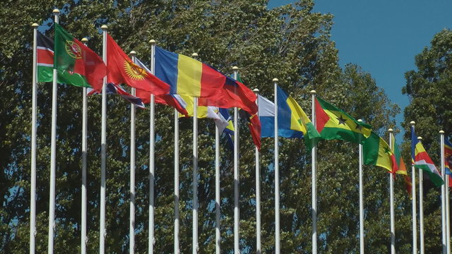 Flags of countries waving