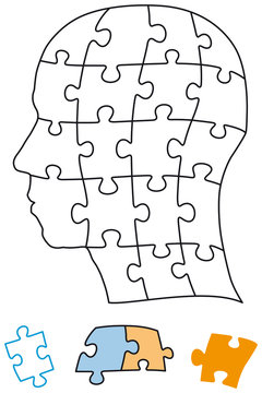 Head puzzle single parts. Head puzzle with single pieces which can be individually removed and arranged. Illustration on white background. Vector.