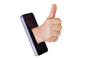 Hand mit Daumen kommt aus dem Mobiltelefon