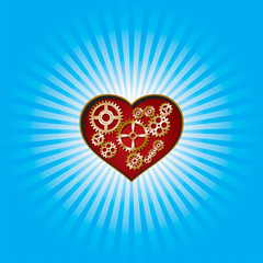 Clockwork heart-shaped sprockets with blue rays © deuter DLM