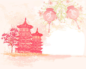 old paper with Asian Landscape and Chinese Lanterns