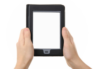 hands holding  empty electronic e-reader for book