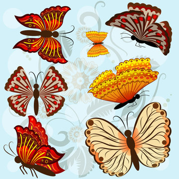 Set of autumn colored vector butterflies.