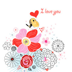 flower card with a bird