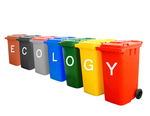 Colorful recycle bins with ecology wording concept
