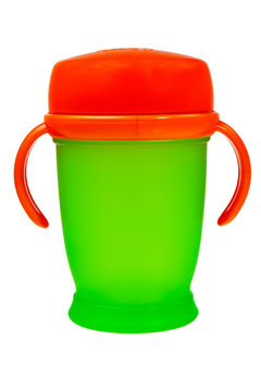 Orange and green baby plastic cup with handles.
