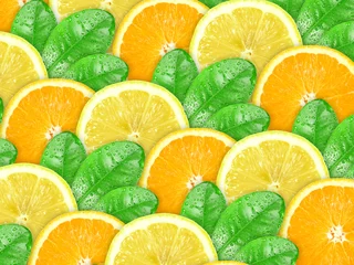 Crédence de cuisine en verre imprimé Tranches de fruits Bbstract fond d& 39 orange et de citron avec feuille verte