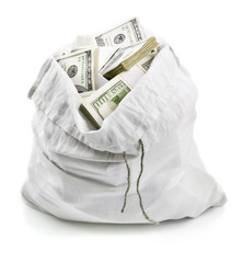 open sack full of money dollars isolated on white background