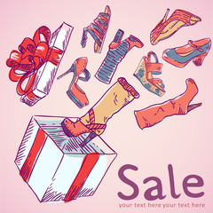 Cute sale postcard with shoes flowing out of the box