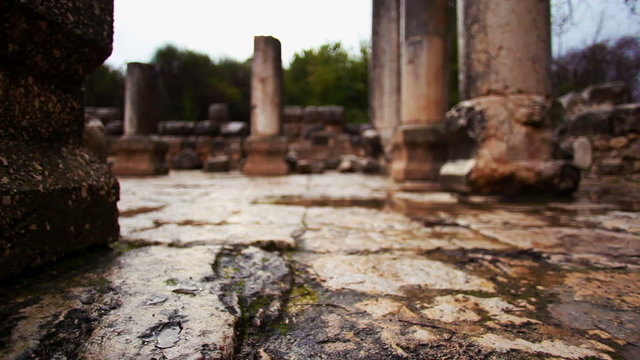 Stock Video Footage of the wet stone floor at the Bar'am ruins in Israel.