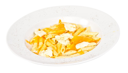 Penne pasta with parmesan, dor blue, chamamber and mozzarella
