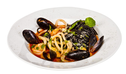 Black tagliatelle (pasta made with cuttlefish ink) with shrumps,