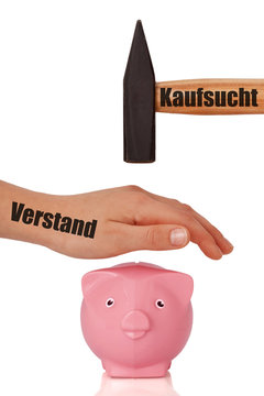 Kaufsucht vs. Verstand - Sparschwein wird vor Hammer besch&uuml;tzt