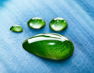 Water footprint drops on a leaf. Macro.