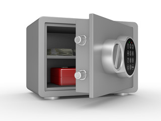 opened steel safe with money and documents